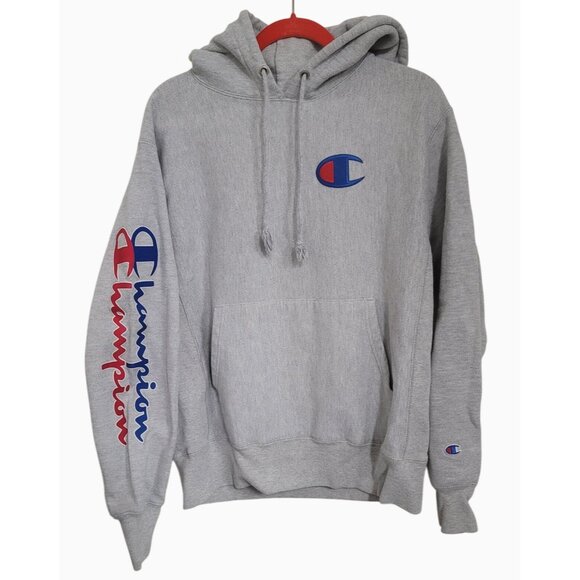 Vintage Heavy Champion Reverse Weave Gray Hoodie With Logo On Sleeve & Chest - Picture 1 of 10